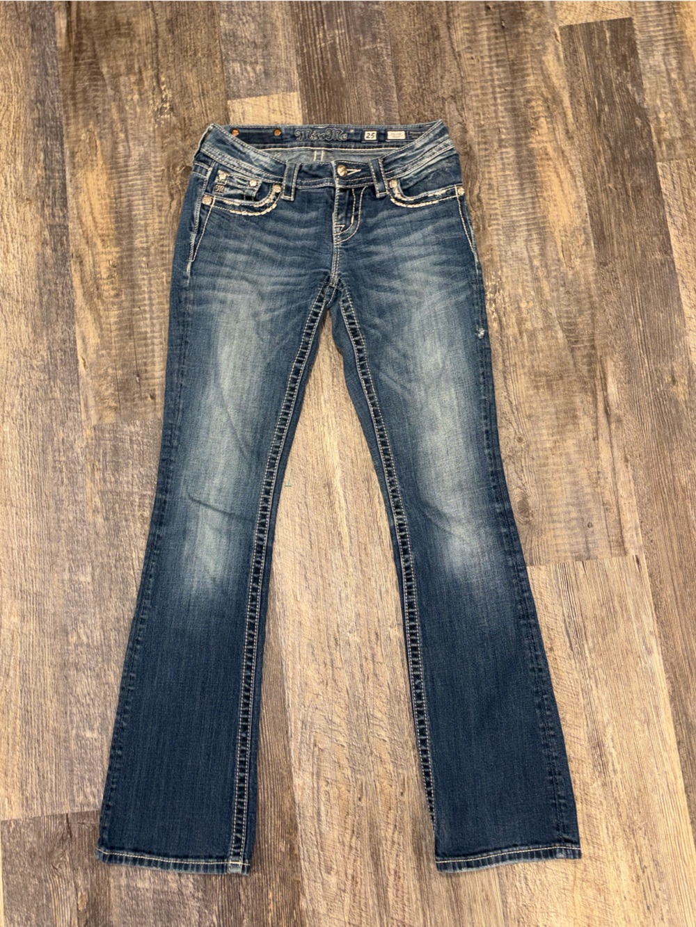 Miss Me Relaxed Boot Jeans Women’s Size 25 Dark Wash Embellished Flap Pocket - Picture 3 of 10